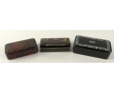 Lot of Three (3) 19th C English Miniature Boxes. A Black Lacquered Box with Abalone Inlay. Unsigned. Good Condition. Measures