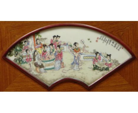 Chinese Enamel Decorated Fan Shape Porcelain Plaque "Domestic Scene with Maidens". Calligraphy Signed and Red Seal Marks Uppe