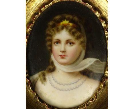 19/20 Century Continental Painted Porcelain Portrait Miniature "Young Beauty with Star of David Tiara". Unsigned. Good Condit