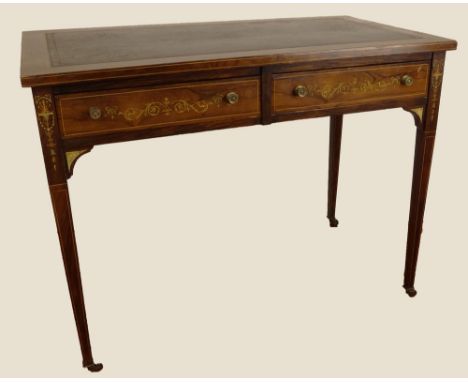 Antique English Adams Style Inlaid Wood Desk. Leather Top. Caster Feet. Unsigned. Measures 28 Inches Tall, 36 Inches Length, 