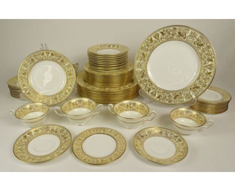 Seventy-Nine (79) Piece Partial Dinner Set of Wedgwood Gold Florentine. This Set Includes: 12 Dinner Plates, 10-3/4 Inches; 1