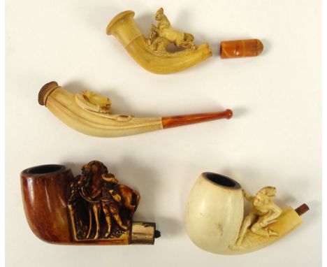 Lot of Four (4) Antique Figural Meerschaum Pipes, Depicting Indians, Cowboy and Wild Horses Motif. All Four in Used "as is" P