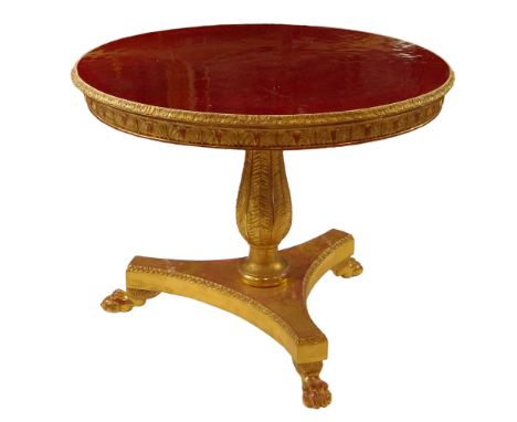 Early 19th Century Russian Gilt Wood and Gesso Pedestal Center Table with Red 'Glass' Top. Unsigned. Damages to Glass, Restor