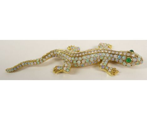 Modern 18 Karat Yellow Gold Australian Opal Diamond and Emerald Lizard Brooch. Set Throughout with Round Australian Opals, a 