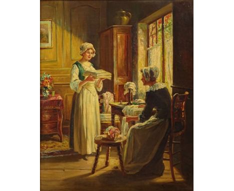 Antique Oil Painting on Canvas "Repairing The Linens" Signed R. Cleeve Lower Left. Repairs to Frame or in Good Relined Condit