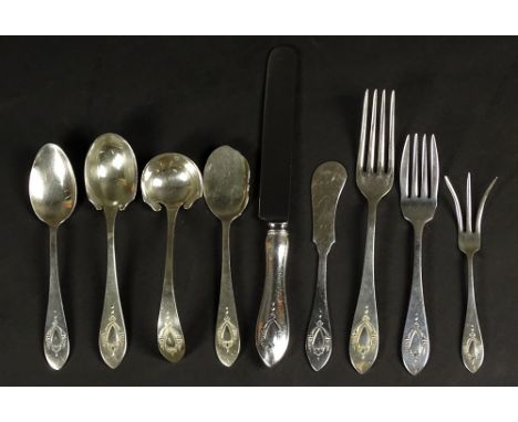 Seventy-Three (73) Piece Lunt "Mount Vernon" Sterling Silver Flatware Service. This Set Includes: 12 Forks, 7-1/4 Inches; 16 
