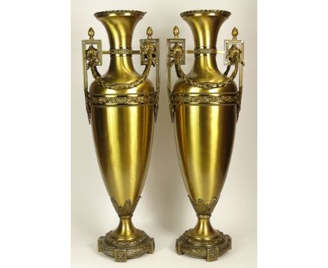 Two Very Large Gilt Metal Handled Urns. Brushed Finish. Unsigned. Small Dings, Oxidation. Measures 27-3/4 Inches, Approx. 8 I