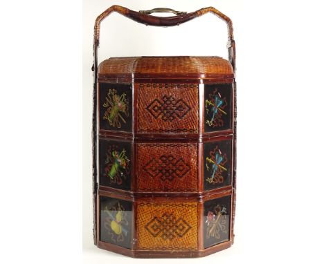 Large Vintage Japanese Woven Bamboo, Brass and Lacquered Wedding Food Carrier. Three Sectioned, Dragon Motif Covered, Carved 