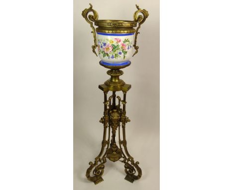 19th Century French Ormolu Mounted Old Paris Porcelain Jardini&egrave;re on Stand. On Three Scroll Legs and Figural Supports 