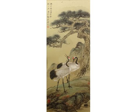 Large Vintage Japanese Painting on Silk, Laid Down, "Egrets" Signed With Calligraphy and Red Seal Marks. Toning From Age, Lig