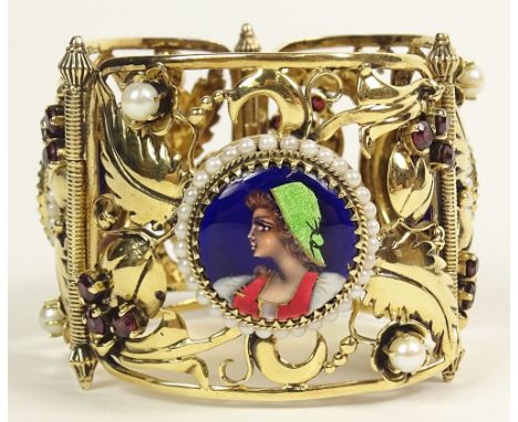 Retro French 14 Karat Yellow Gold, Enamel, Pearl and Garnet Hinged Cuff Bracelet. Decorated with Hand painted French Enamel M