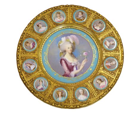 Antique Sevres Porcelain Portrait Plaque and Giltwood Table. Set with Large Center Hand Painted Porcelain Portrait Plaque Dep