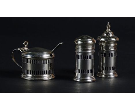 Three (3) English Sterling Silver Pieces, all are Pierced one top has Stars. A Salt &amp; Pepper, a Covered Hinged Sacchrine 