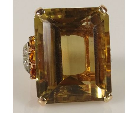 Lady's Vintage 14 Karat Rose Gold, Topaz, Diamond and Citrine Ring. Unsigned. Large Emerald Cut Topaz Measures 2.1mm x 2.6mm.