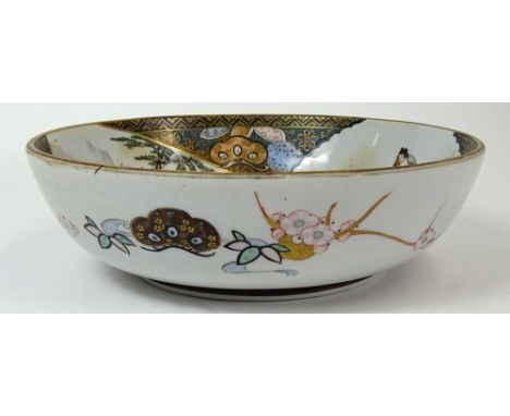 Large Vintage Japanese Cherry Blossom Imari Bowl. Gold accent Decorated interior of Bowl with Three Panels of Various Scenes.