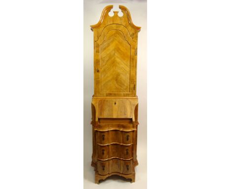 Italian Mid Century Burl Wood Small Two Piece Secretary. Drop Front with Drawers, Cabinet Top. Unsigned. Wood Splits, Wear an
