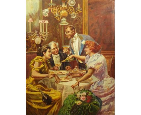 19/20th Century Oil Painting "The Dinner Party" Signed Marchetti Lower Right. Tear top Right or in Good Condition. Measures 4