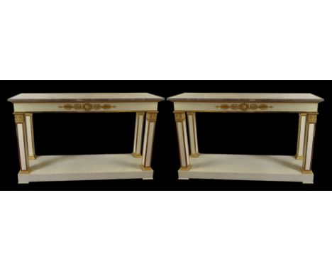 Very Fine Pair of 19th Century Swedish Neo-Classical Painted and Parcel Gilt Consoles with Blue Marble Tops. Unsigned. Minor 
