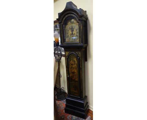 Antique Late 18th Century English Chinoiserie Long Case Clock. Marked on Face In Baldwin Feversham No 374. Distressed Finish,