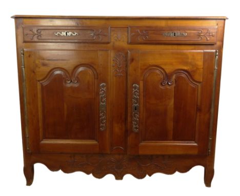 19th C French Provincial Carved Fruitwood Sideboard. Unsigned. Rubbing, Wear, some separations or in otherwise Good Antique C