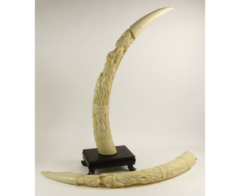 Pair of Vintage African Carved Ivory Tusks. Carved in High Relief of Mother and Children. 1 is Mounted on Hardwood Base. Unsi