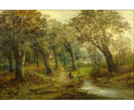 W. Richards British Early 19th Century Oil on Canvas "Fishing in the Forest Stream" Circa 1810. Signed W. Richards. Patch en 