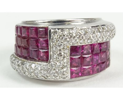 Finely Made Ladies approx. 4.50 Carat Invisible set Square Cut Ruby, Pave set Diamond and 18 Karat White Gold Ring. Rubies wi