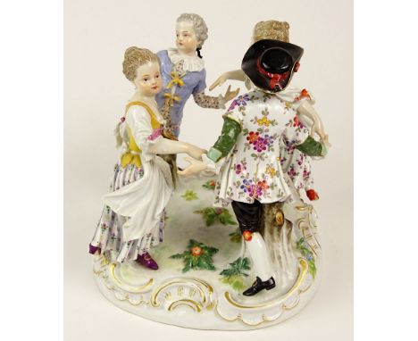 Antique Meissen Porcelain Group "Ring Around The Rosie" Signed on Bottom with Crossed Swords Mark. Sleeve of One Girl Missing