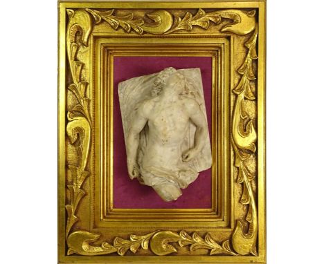Cast Relief Molding "Male Nude Torso" Set in Stand Alone Frame. Unsigned. The Casting Measures 13 Inches by 8-1/2 Inches, Fra
