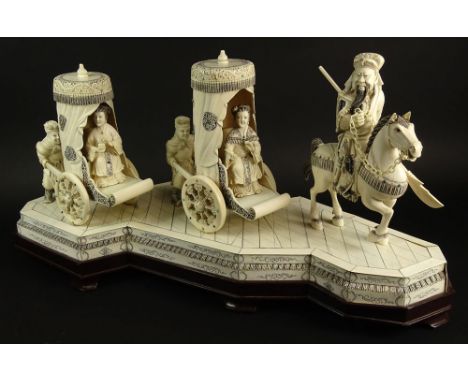 Large Chinese Carved and Inked Ivory Sculpture on Wood Base, Ladies in Sedan Carts with Escort on Horseback. Unsigned. Minor 