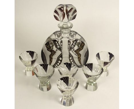 Art Deco Period Enameled Crystal Seven (7) Piece Decanter Set. Includes a Decanter with Stopper and six (6) Footed Glasses. U