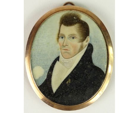 Early 19th Century Probably English Painted Portrait Miniature on Ivory. Unsigned. Paint Loss Lower Left otherwise Good Condi