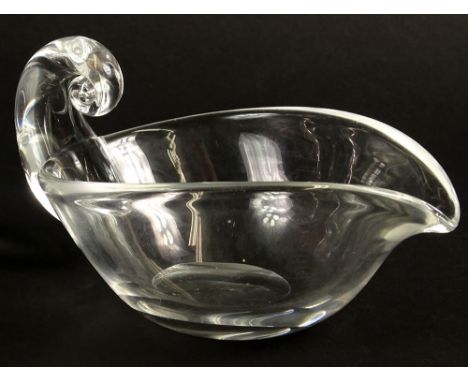 Steuben Crystal Sauce Bowl with Snail Handle. Signed on Bottom with Acid Etched Signature Steuben. Typical Scratches on Botto