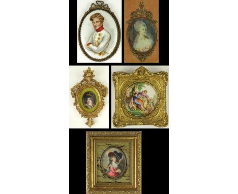 Collection of Five (5) 19/20th Century Continental Painted Miniatures Including Three (3) on Porcelain and Two (2) on Ivory. 