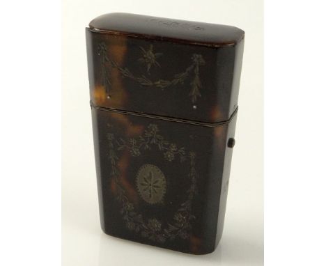 19th C English Tortoise shell scent bottle holder, with silver inlay. The cover revealing two glass scent bottles. Unsigned. 
