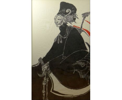 Large Mid 20th Century Ben Smith American, (1941-) Wood Block Print of a "Seated Figure with Sword". Signed Ben Smith Right S