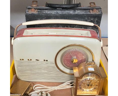 A BUSH vintage MW/LM transistor radio, a gilt brass cased clock, a 1950's compact, a set of Linguaphone records, a Bakelite c