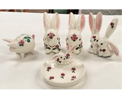 Five Wemyss small Plichta animals:&nbsp; 3 rabbits; rabbit dish &amp; pig 