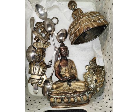 A brass and copper seated figure of a seated Tibetan Buddha with item in hands. Height 12cm; various brass ware. 