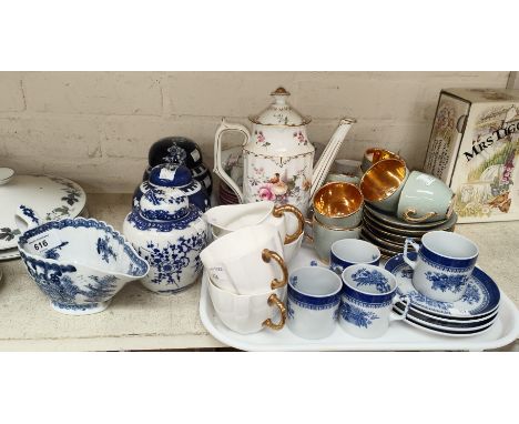 A Chinese blue and white gravy boat made for export market with traditional scenes, 3 Chinese ginger jars; A white and gilt R