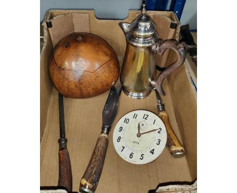 A 19th century Colonial polished coconut tea caddy, 15cm diameter, a carving set etc 