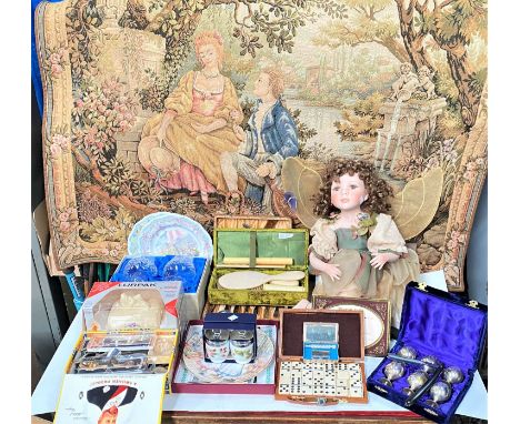 A wall hanging machine made tapestry; a selection of collectables:&nbsp; plates; souvenir spoons; boxed items; a limited edit