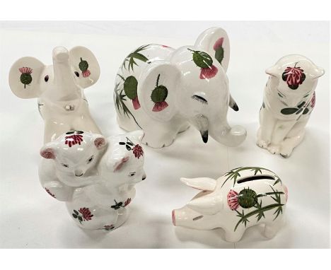 Wemyss small Plichta animals:&nbsp; large elephant; small elephant (tusks a.f.); koala; baby; cat &amp; pig moneybox; "Wemyss
