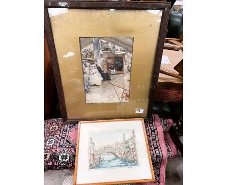 A watercolour of people on ships deck relaxing, signed indistinctly, Two prints of Venice.&nbsp;&nbsp;There are 4 pictures.&n