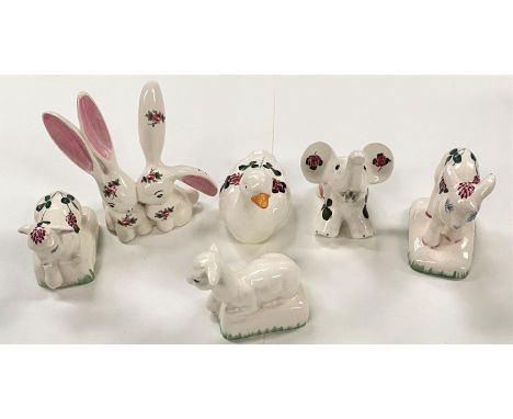 Six Wemyss small Plichta animals:&nbsp; 3 lambs; duck; rabbit &amp; elephant (tusks a.f.) 