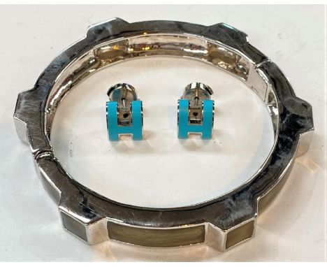 A Hermes hinged bangle and a pair of turquoise enamel earrings in original box 