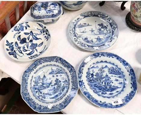 Four Chinese blue & white dishes, various ages with different decoration, one octagonal, the others rounded, two with marks t