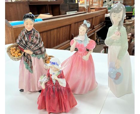 Three Royal Doulton figures:&nbsp; The Orange Lady HN1759; Camellia HN2222 &amp; Lavinia HN9255; a Nao figure of a young girl