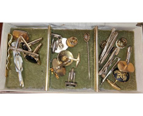 A yellow metal stick pin set with diamonds, stamped 15ct, 1.7gms; a selection of gilt cufflinks etc 