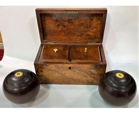 A walnut domed 2 section tea caddy and 2 bowls